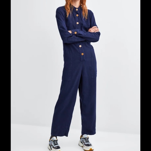 Zara Pants - NWT Zara Blue Long Sleeve Utility Jumpsuit Size Medium